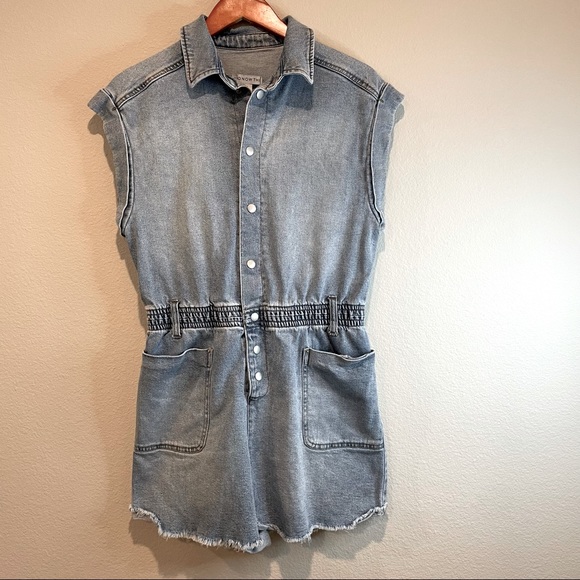And Now This Denim Sleeveless Raw Hem Y2K Romper - Picture 1 of 5